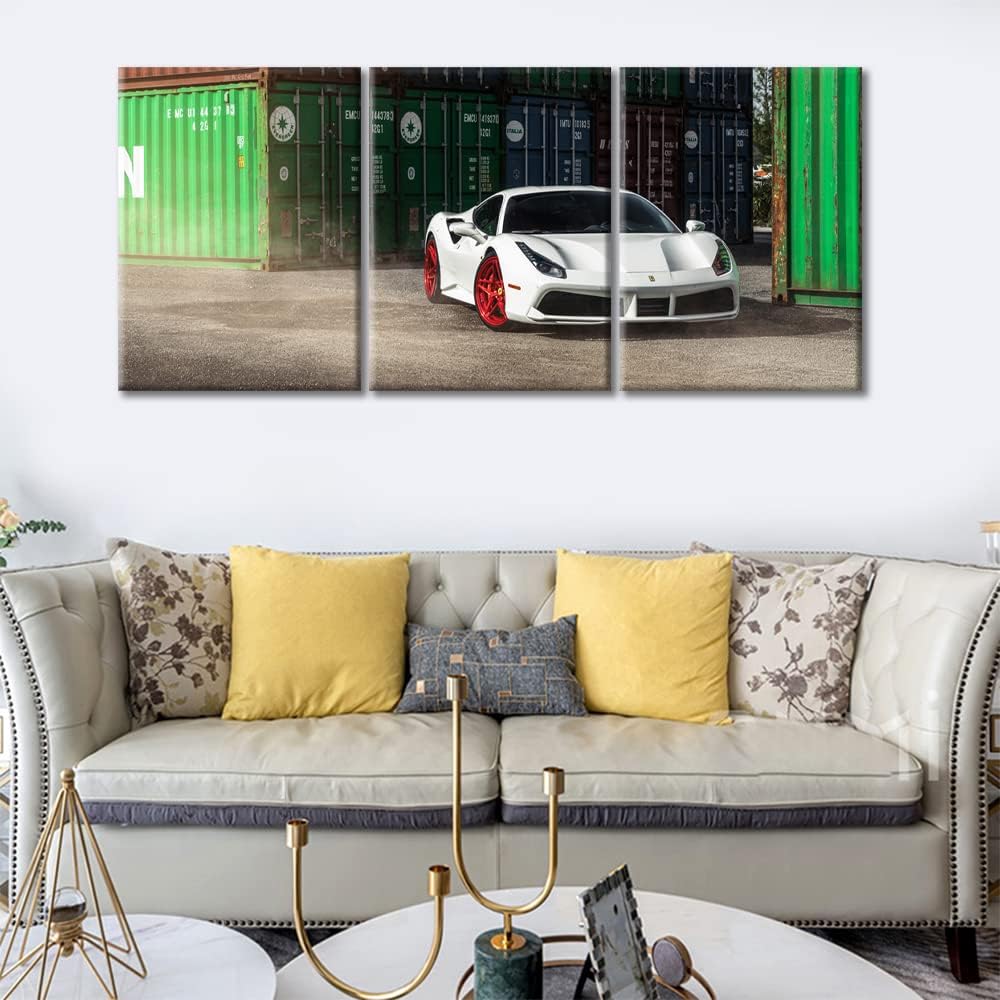 TUMOVO White Sports Car Wall Art Painting Super Car Poster for Men Boys Bedroom Living Room Car in Warehouse Framed Modern Pictures Canvas Prints Artwork for Wall Decor Office Decorations, 36" Wx16 H