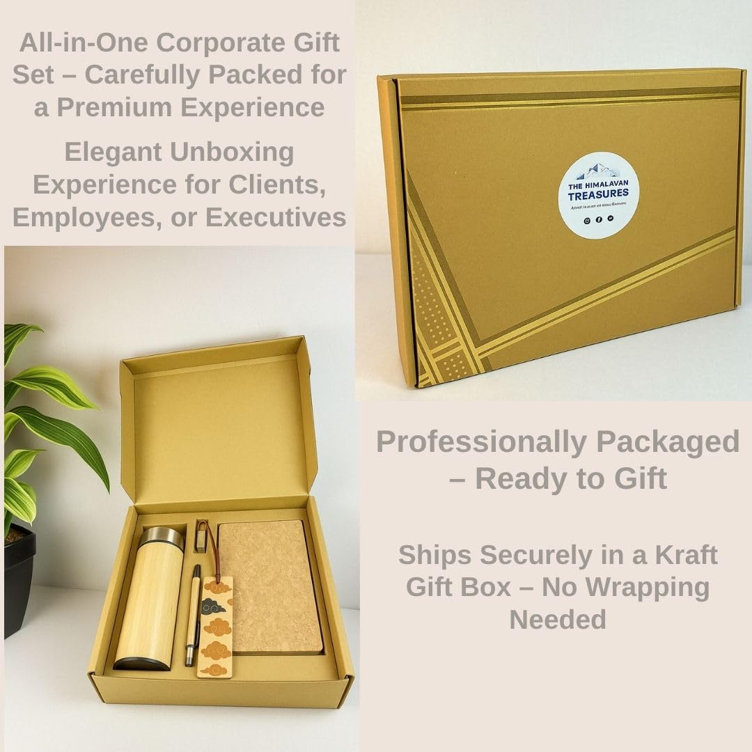 Corporate Gift Set – Eco-Friendly Bamboo Water Bottle, Handcrafted Journal, Pen, Keychain & Wooden Bookmark in Elegant Box – Employee Appreciation, Executive & Client Gift Box