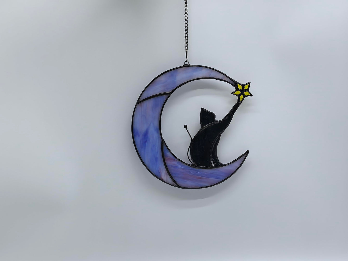 GONGWANTON Handmade Cat Stained Glass Window Suncatcher, Moon Design, Home Decor Hanging Ornament (Gift 5)