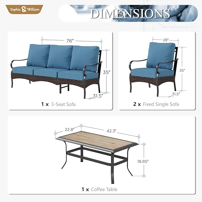 Sophia & William Patio Furniture Set, 4 Piece Metal Outdoor Conversation Set with 3-Seater Outdoor Couch, 2 Sofa Chairs, 1 Coffee Table for Outdoor Seating, Backyard, Porch(Navy Blue)