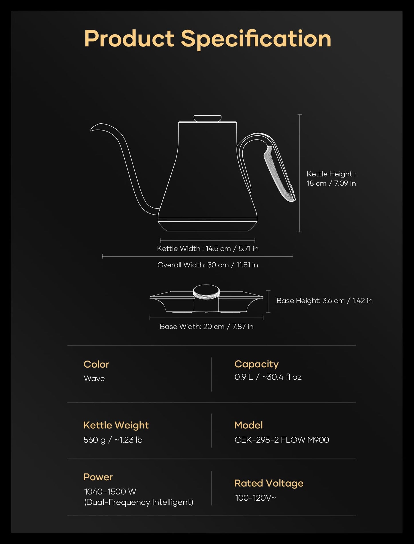 Cocinare Gooseneck Electric Kettle, ±0.5°F Precise Temperature Control, 1500W Fast Heating, Pour-Over Coffee & Tea, Stainless Steel, 0.9L (Artisan Wave Design)
