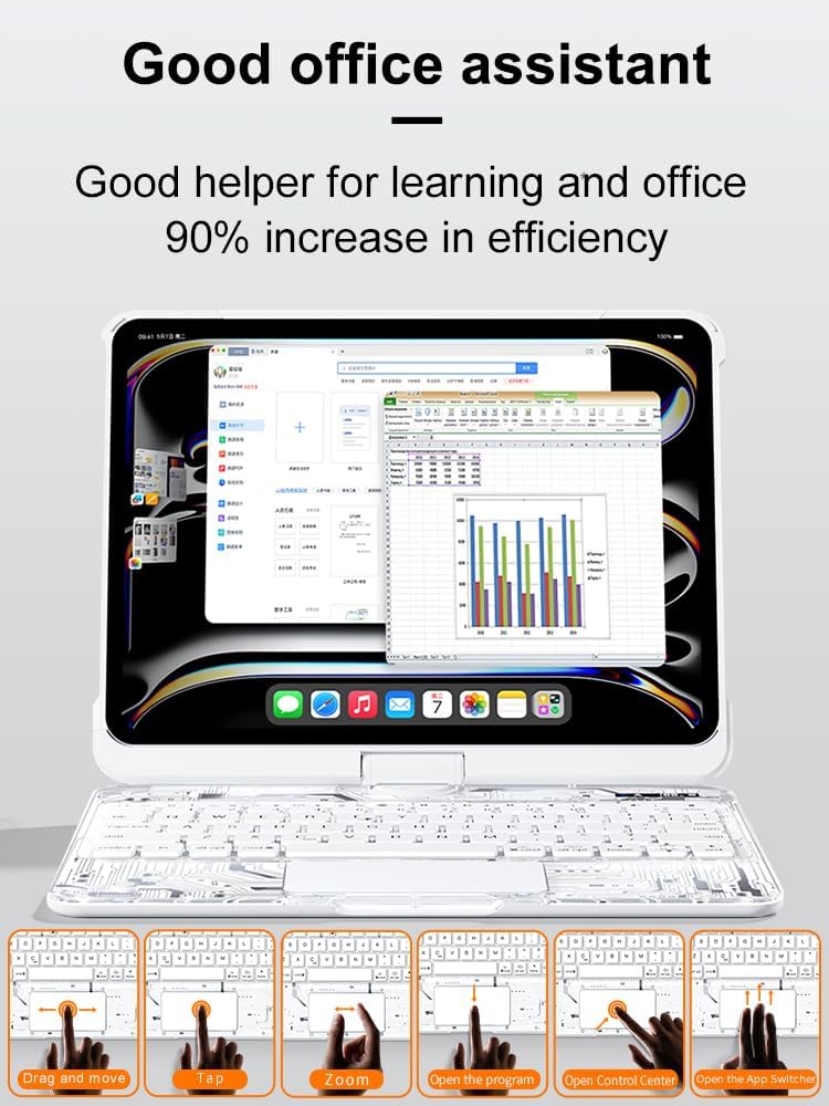 KARTICE Transparent 360 Keyboard Case with Wireless Keyboard for iPad Air 11 Inch 2024, 10.9" iPad Air 5th/4th, 11" iPad Pro 4/3/2/1 360° Rotating Stand