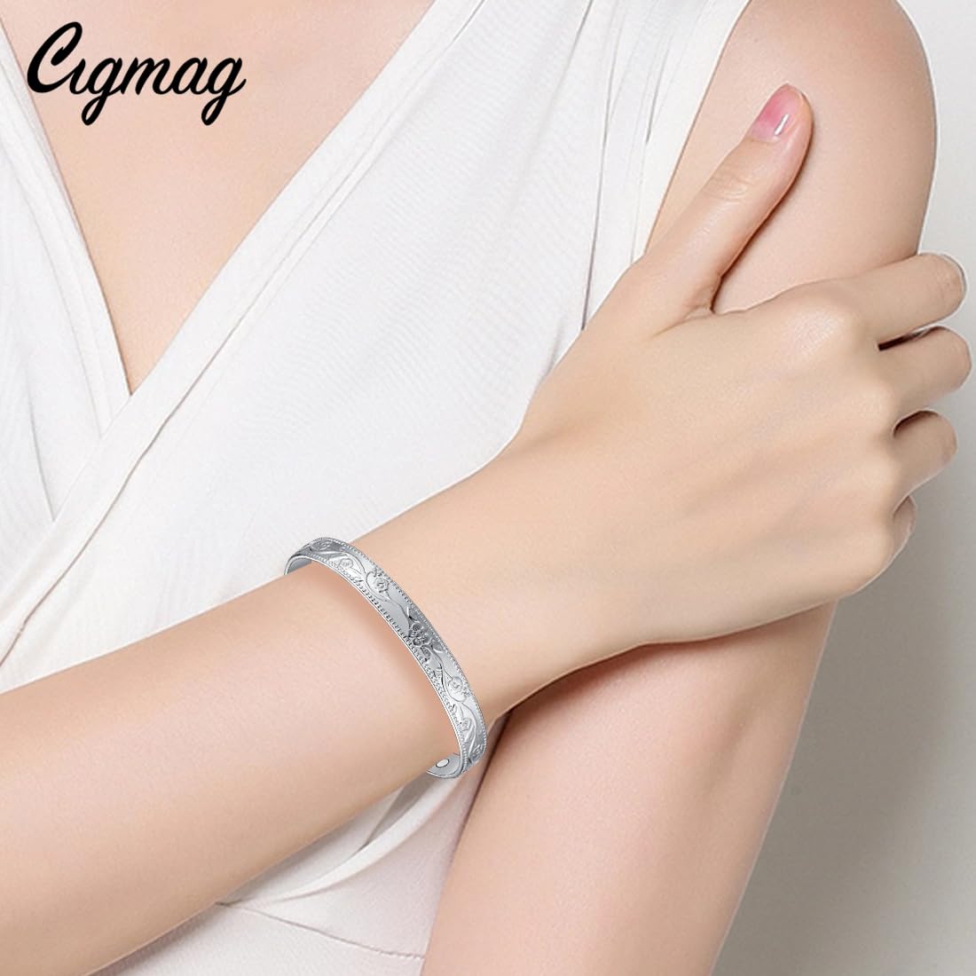 Cigmag 2PCS Copper Bracelets for Women Pure Copper Bracelet Cuff Bangle Strength Magnets Adjustable (Silver)