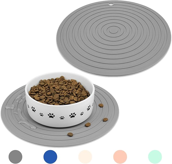Ptlom Silicone Pet Food Mat for Dogs and Cats Placemat 2Pcs, Waterproof Non-Slip Feeding Bowl Mats Prevent Food and Water Overflow, Silicone Puppy Mat Suitable for Small Medium Pets, Beige, 9.5Inch