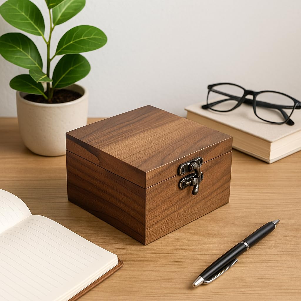 LONMAIX Handcrafted Walnut Wood Keepsake Box – 4.3 x 4.3 x 2.5 inch – Jewelry, Watch & Gift Storage Box – Rustic Wooden Box for Wedding, Birthday, Christmas