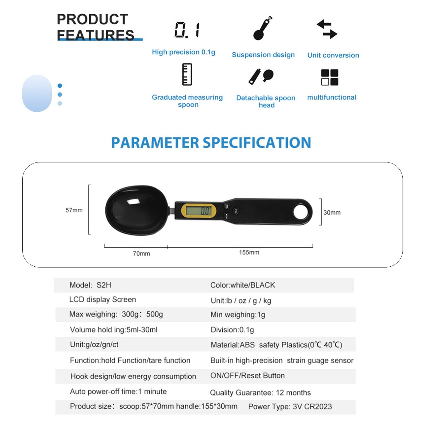 Food Measuring Spoon, Digital Kitchen Scale, high-Precision Small Scale, Handheld use, with Weight Removal Function (White)