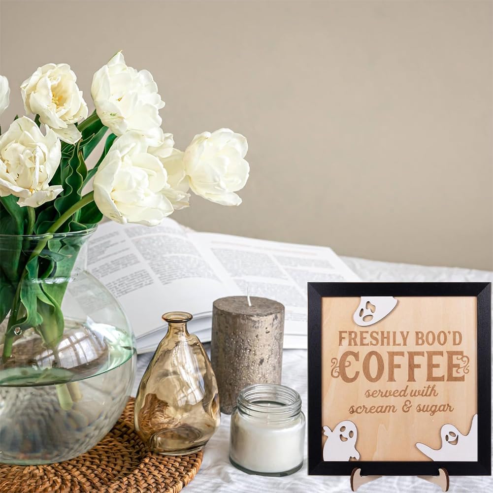 Freshly Boo'd Coffee Halloween Sign Cute Halloween Coffee Bar Decor Wooden Kitchen Decor Accessories Rustic Halloween Home Funny Halloween Coffee Bar Decorations