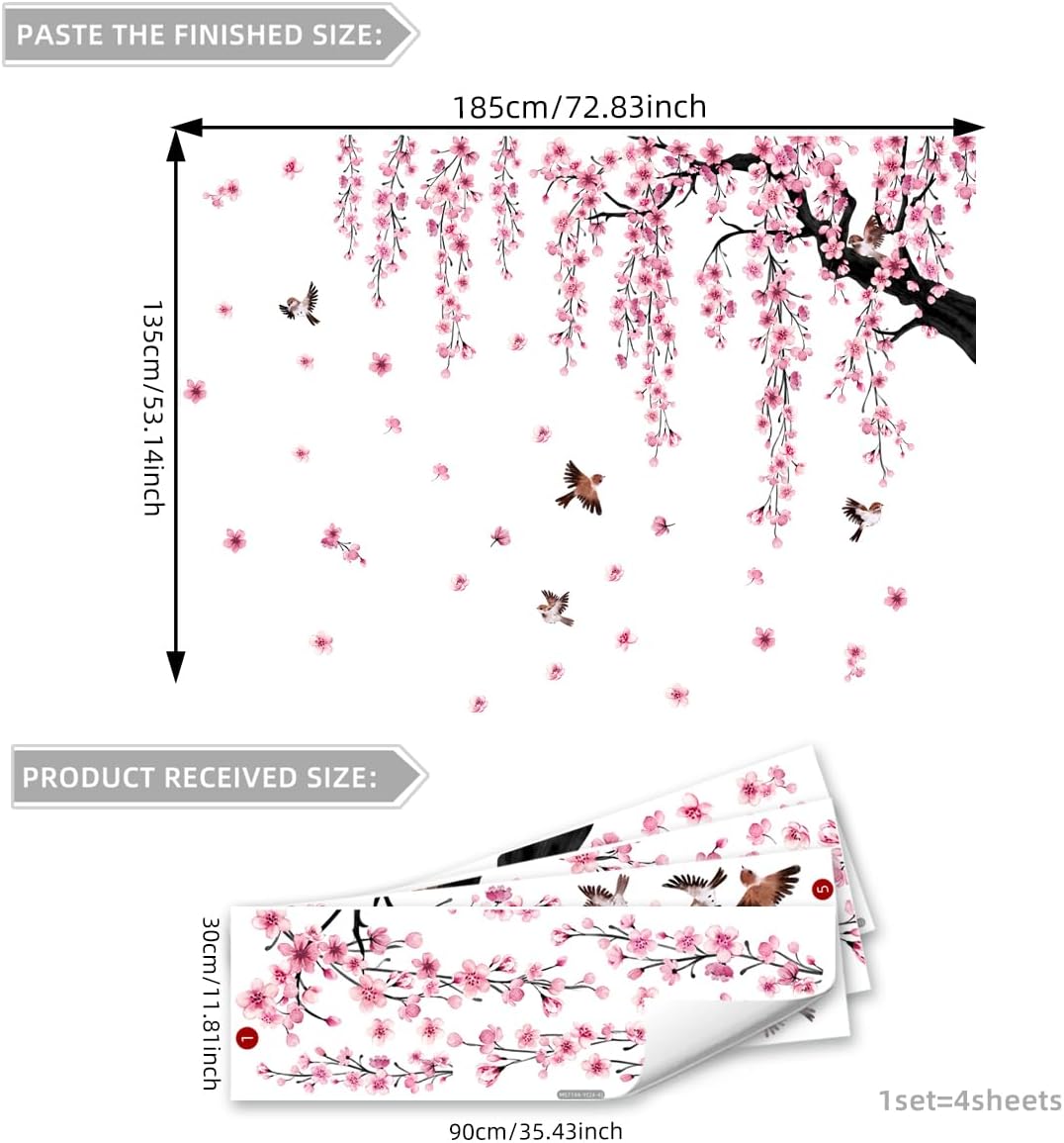 Runtoo Large Cherry Blossom Tree Wall Decals Peel and Stick Pink Floral Wall Art Stickers for Living Room Bedroom Nursery Flower Decor