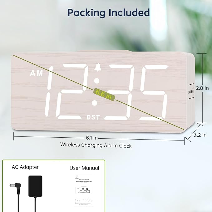 DreamSky Wooden Digital Alarm Clock with Wireless Charging for Bedroom