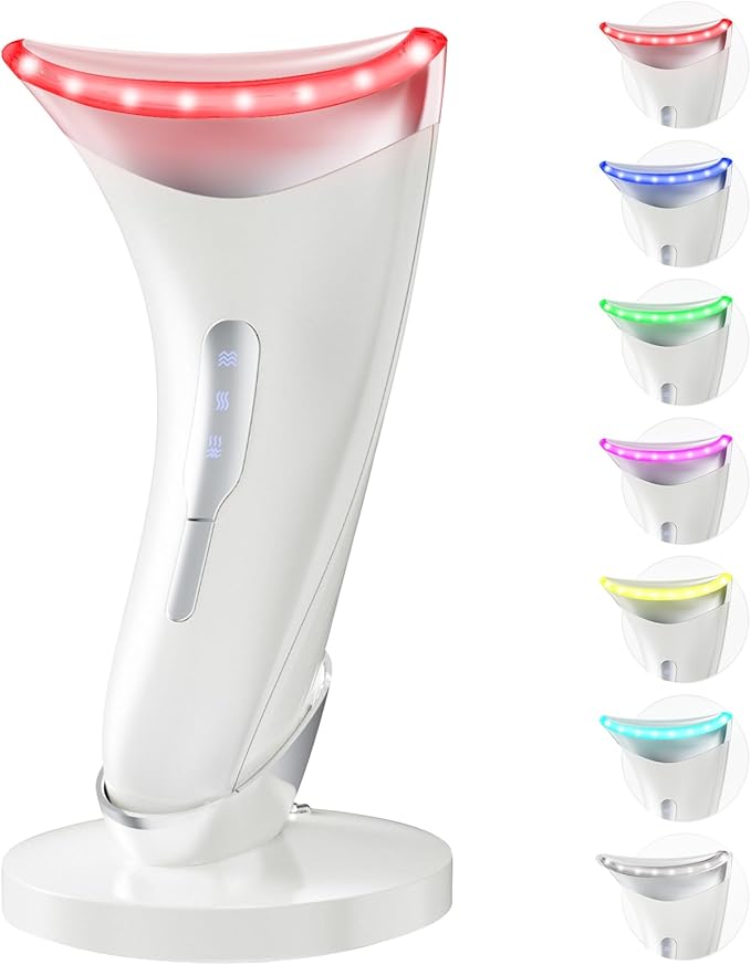 Dopsikn Red Light Therapy for Face and Neck, 7 Color Facial Massager with Adjustable Vibration and Thermals for Wrinkles, Double Chin, Portable Skin Care Tool with Base, White