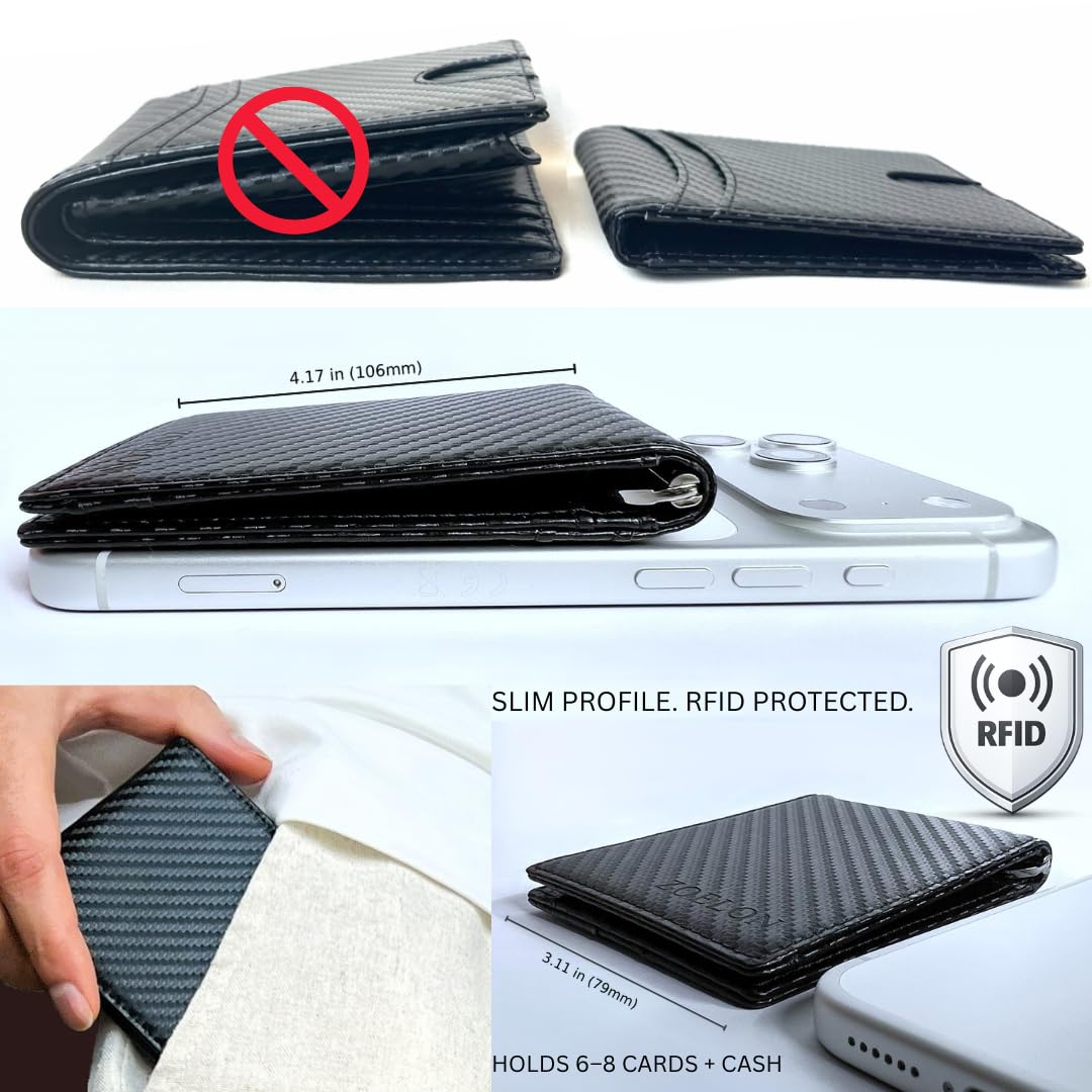 ZOELON Slim RFID Wallet for Men – Front Pocket Bifold with Money Clip & ID Window, Carbon Fiber Look, Gift Box