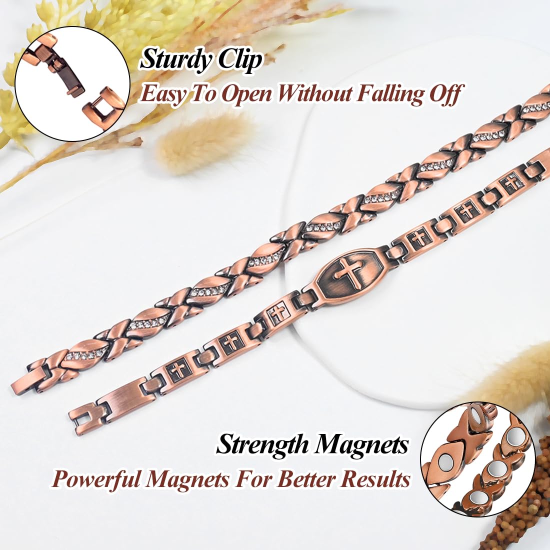 Vicmag 2PCS Copper Magnetic Bracelets for Women 100% Solid Pure Copper Bracelets with Gift Box & Adjust Tool