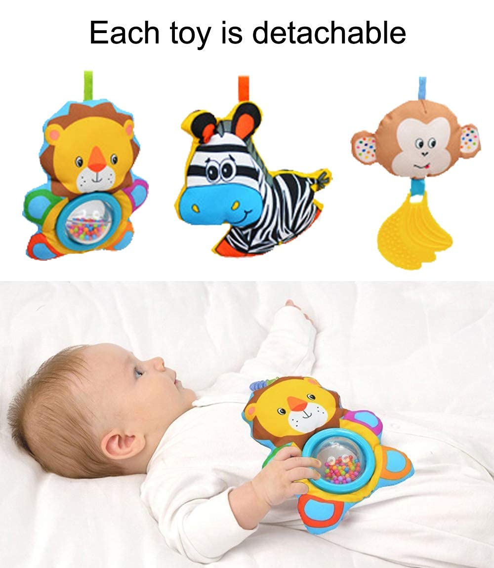 willway Adjustable Baby Travel Play Arch, Detachable Activity Musical Animal Toys Mobile for Bassinet Crib Stroller Pram Car Seat Mobiles Width Among 11.6-20.2 Inch with Rattles BB Squeaker Teether
