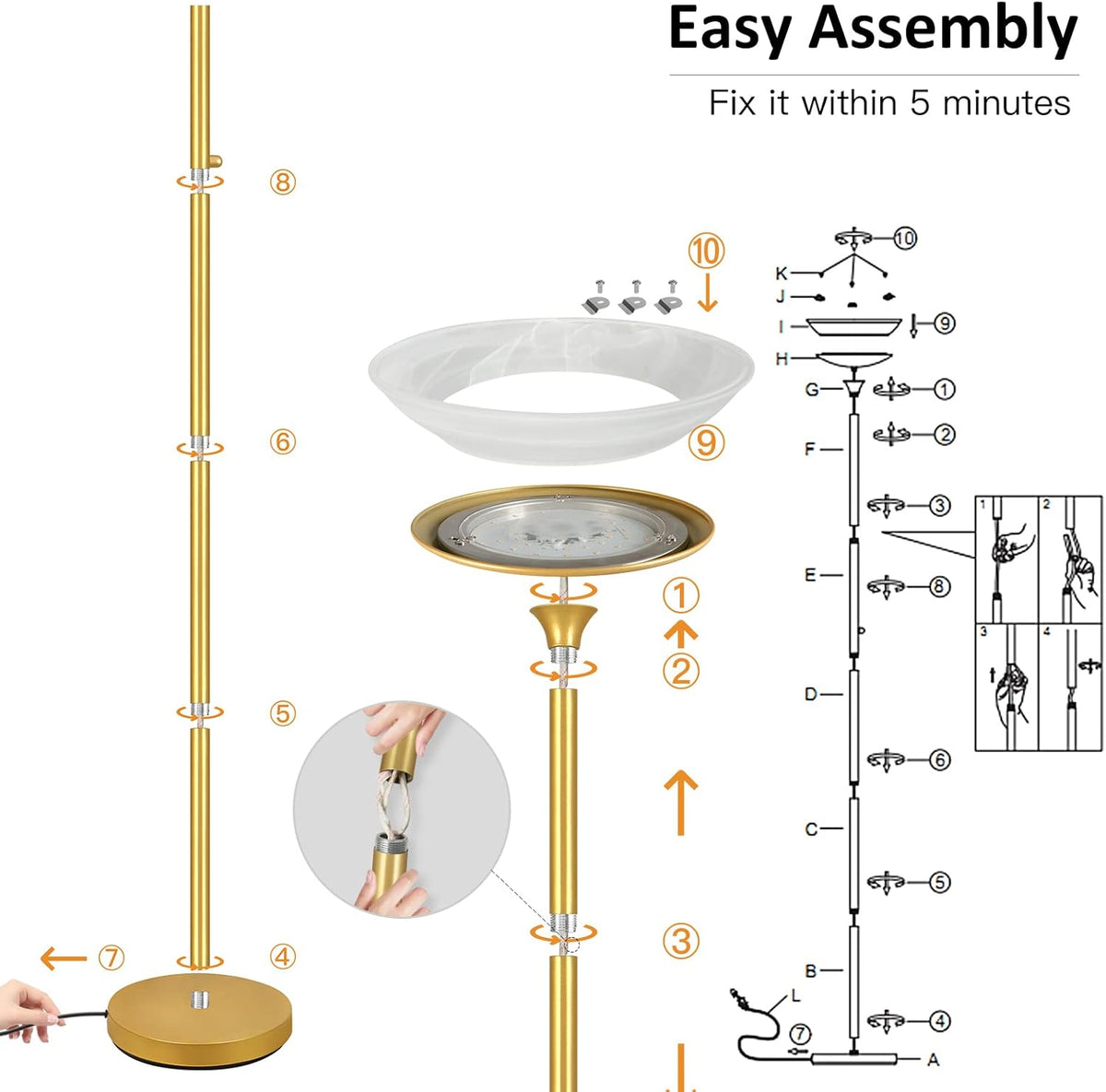 BoostArea Torchiere Floor Lamp, 24W Super Bright LED Standing Lamp, 3000K Stepless Dimmable Pole Lamp with Rotary Switch, 70 Inch Tall Metal Modern Floor Lamps for Living Room/Bedroom/Office/Den, Gold