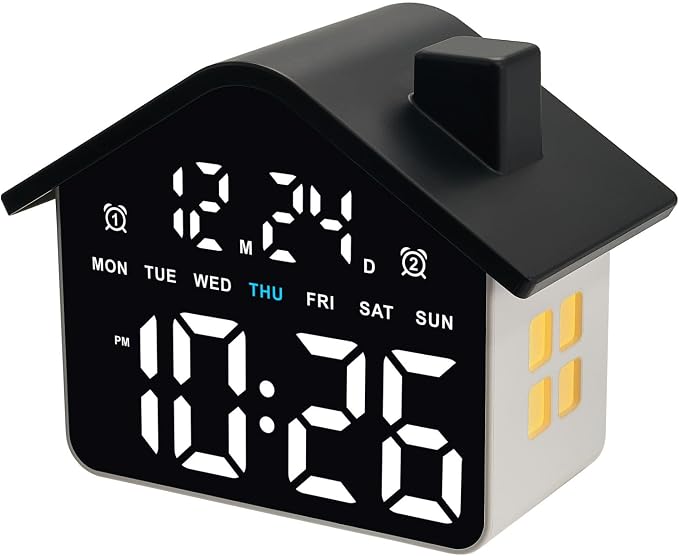 Plumeet Digital Alarm Clock, Bedroom Clock with Large Numbers, Date, Week, Dual Alarms, Dimmer and Ambient Light, House-Shaped Electric Bedside Desk Clock, Adapter Batteries Powered, Black