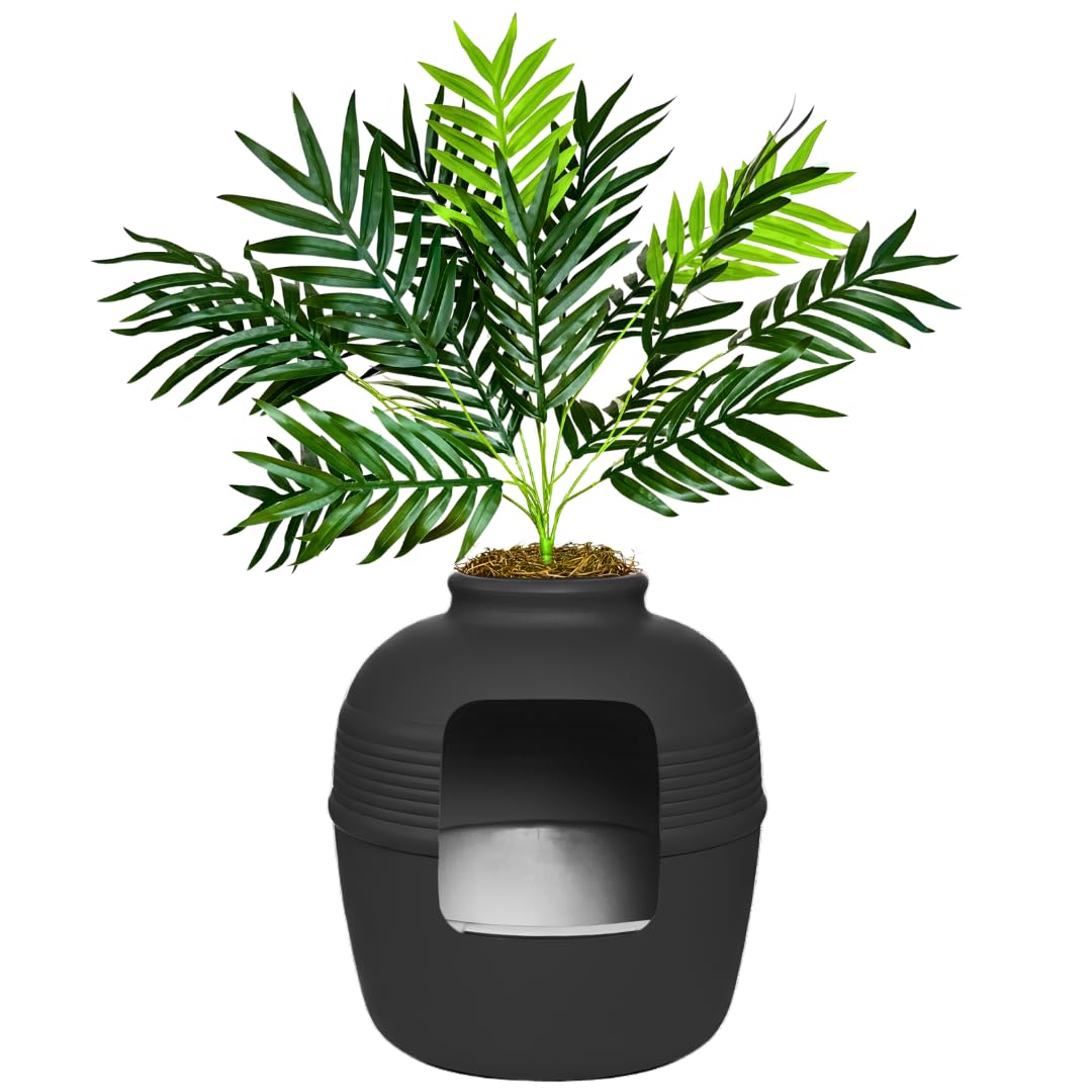 Good Pet Stuff Original Hidden Litter Box Planter, Decorative Cat Litter Enclosure with Carbon Filter, Artificial Palm Plant, Upgraded Design, Easy to Clean, Base Kit, White Birch