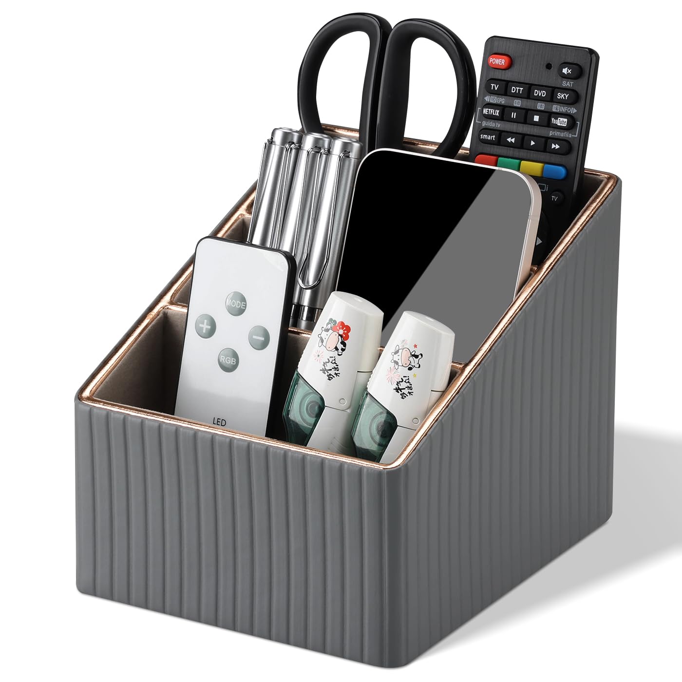 KINGFOM 3 Slot PU Leather Remote Controller Holder, Home Sundries Storage Box, TV Guide/Mail/CD Organizer/Caddy/Holder with Free Cable Desk Organizer (Gray)