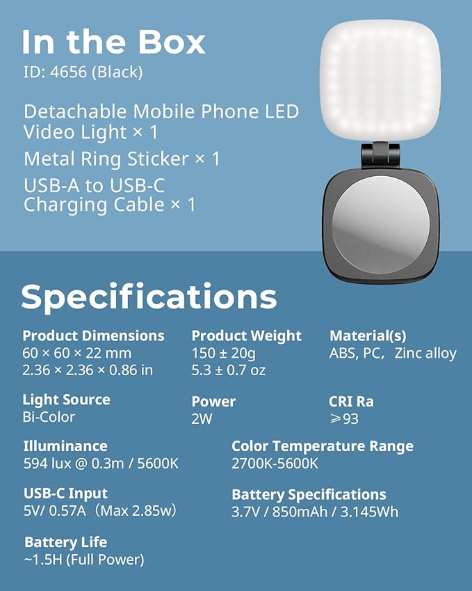 SmallRig Magnetic Selfie Light for iPhone, Phone Light with a Mirror, Instant Attachment for MagSafe, for Selfies, Video Conference, Vibe P48 Black
