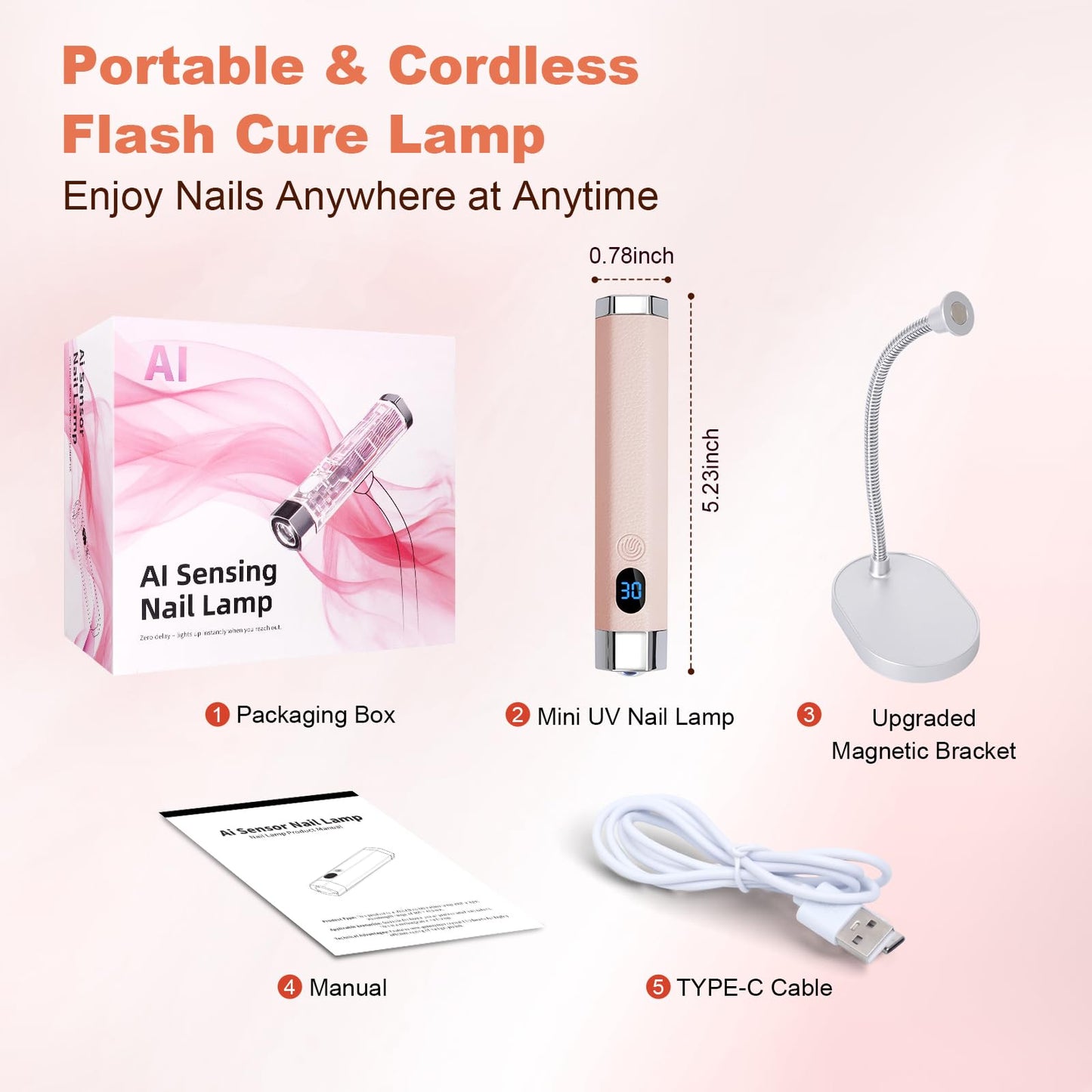 Lynsalene Handheld Mini UV Nail Lamp, Portable Flash Cure Light with Upgraded Magnetic Stand & Smart Sensor - Rechargeable Nail Dryer Fast Curing Gel Nails at Salon,Home & Travel (Pink)