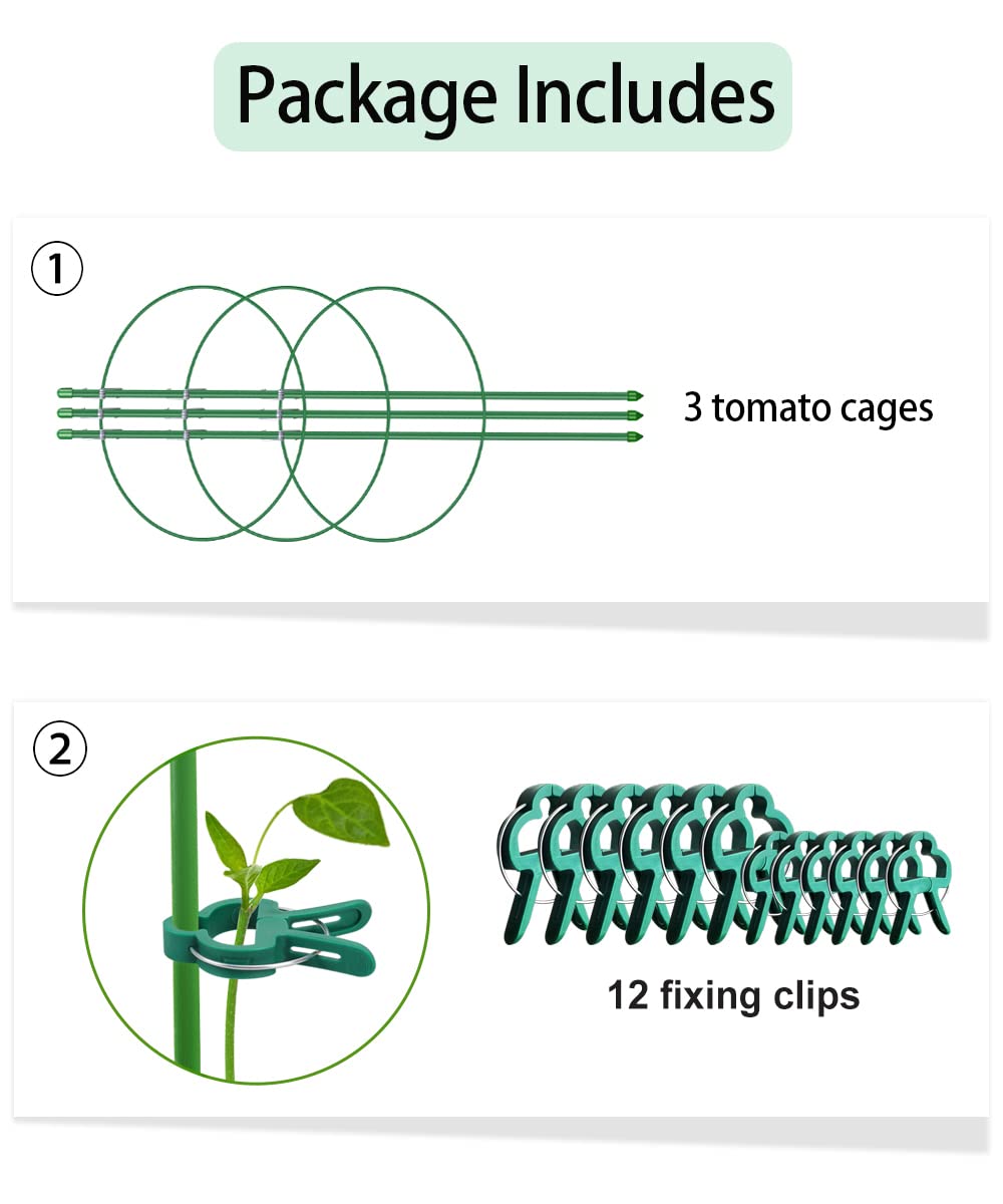 Alliico Plant Support Cages for Climbing Plant 20" Flower Cherry Tomato cage with Stand Stakes and Stable Support Rings, 3 Pack with 12 Clips (20")