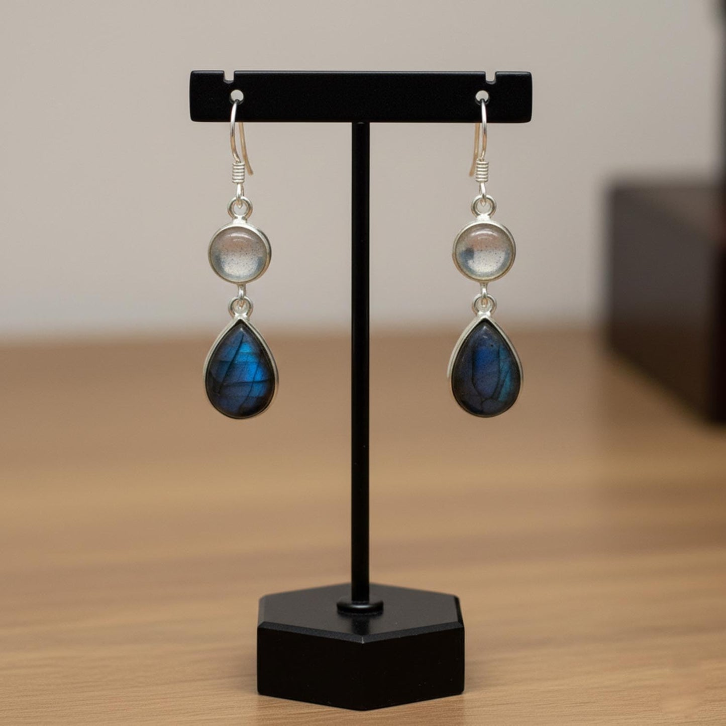 Natural Moonstone and Labradorite Drop Earrings for Women, Sterling Silver, 1.6 Inch Length, 19.45 Carat, Blue and White Gemstones | Gift for Her