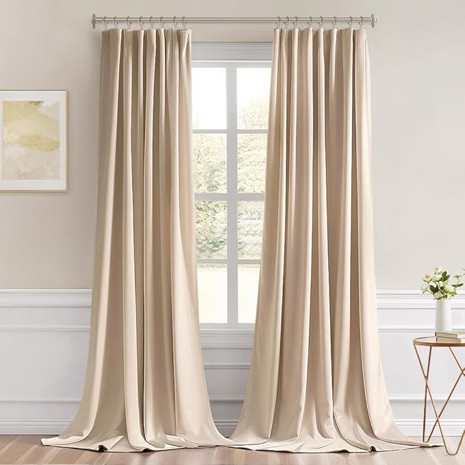 MIULEE Back Tab Beige Curtains 102 Inch Long 2 Panels Set for Living Room Bedroom, Cream Rod Pocket/Pinch Pleated Light Blocking Thermal Insulated Room Darkening Floor to Ceiling Blackout Drapes