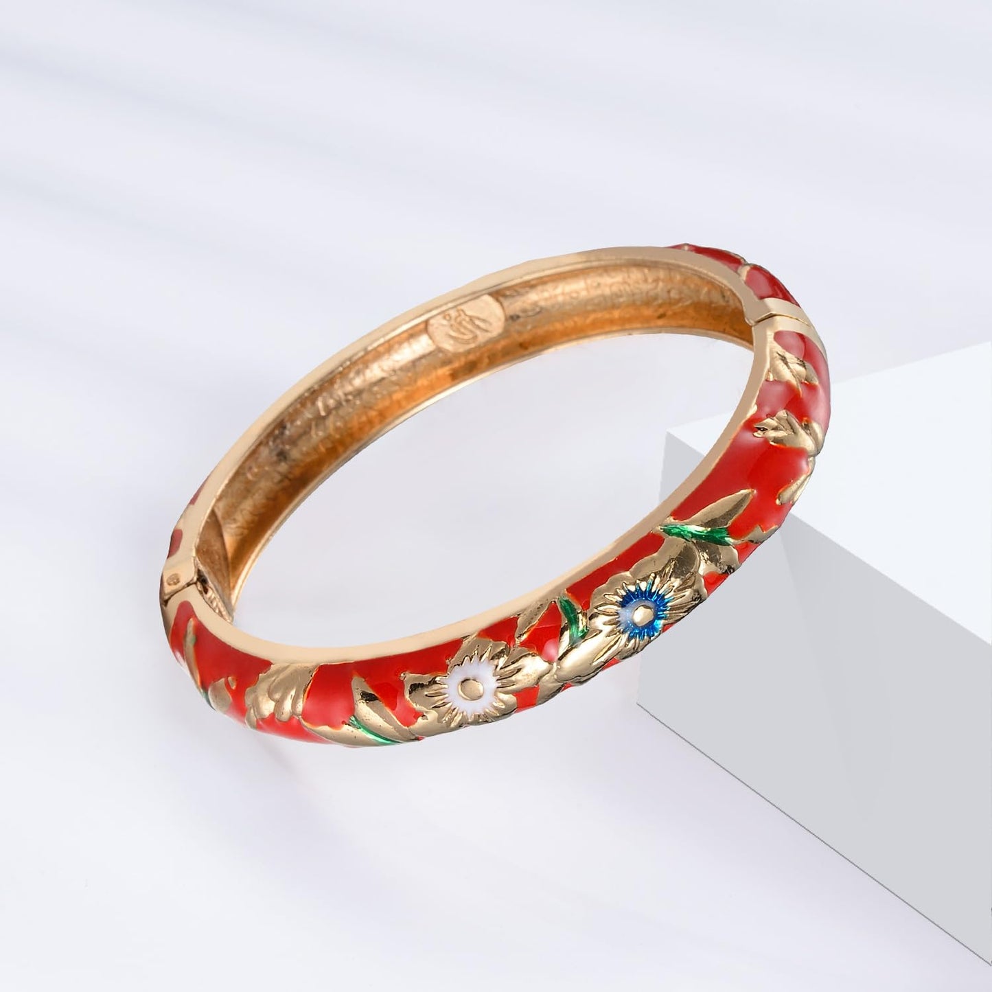 UJOY Vintage Bracelet Enameled Jewelry Spring Hinge Metal Gold Plated Cuff Cloisonne Bangles Set Gift Box Packed 55A87-55A103 Red