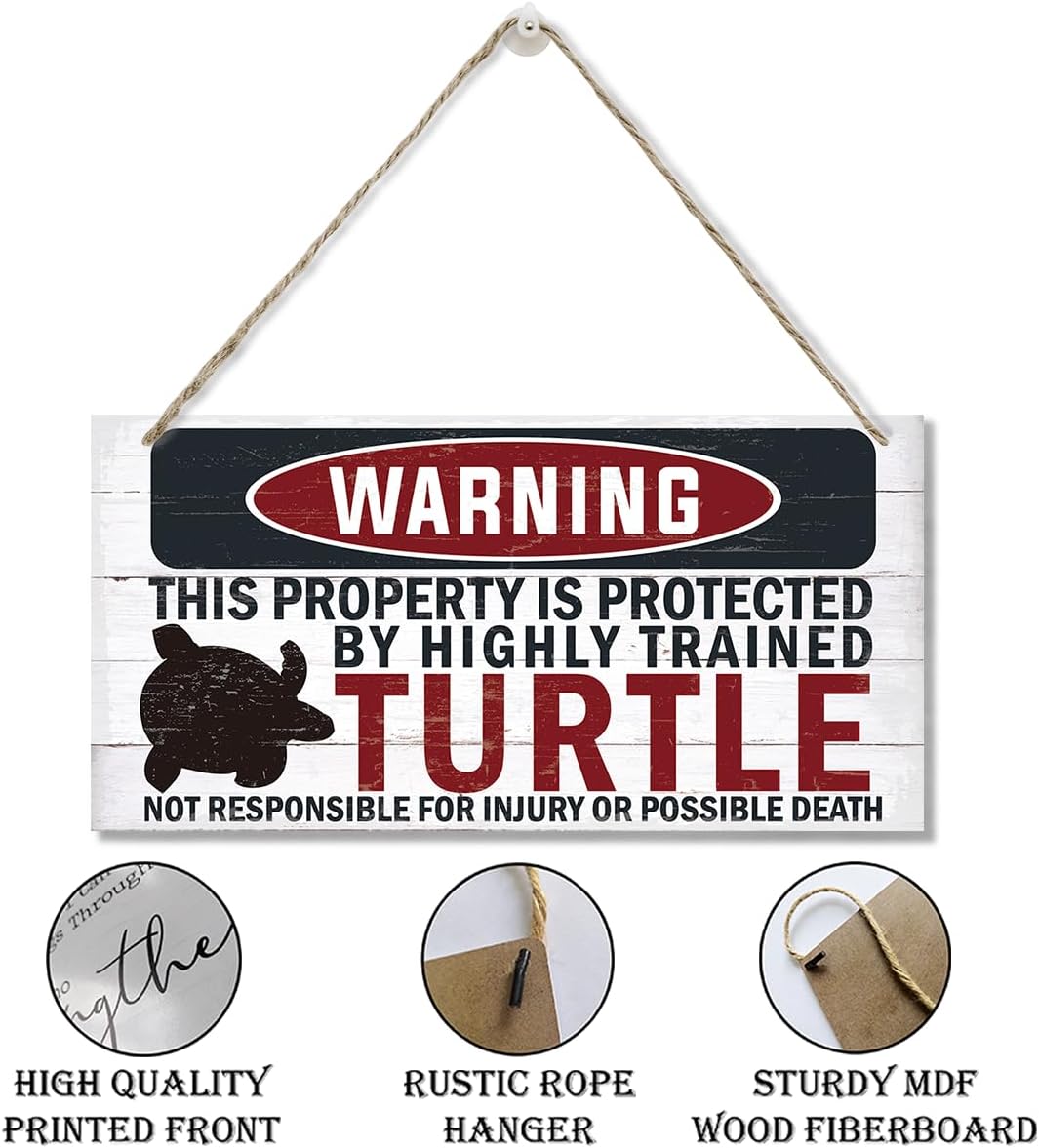 Funny Warning Signs, The Property is Protected By Highly Trained Turtle Sign, Decorative Wood Hanging Wood Plaque, House Door Sign, Farmhouse Wall Decor for Home Office, Indoor/Outdoor Use