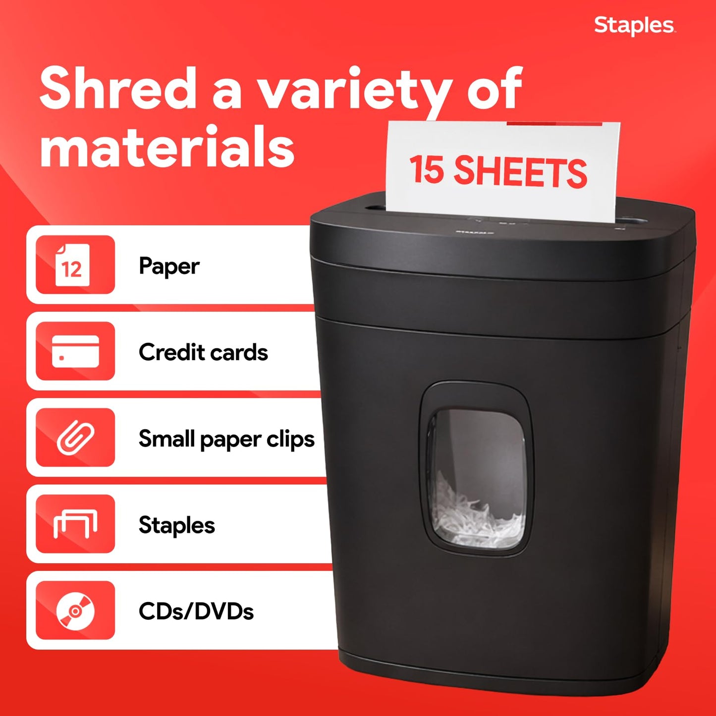 Staples 15-Sheet Cross Cut Paper Shredder for Home Office, P-4 Security, 20-Min Run Time, Shreds Paper/Credit Cards/CDs/DVDs, Quiet 65 dB, Auto Start/Stop, 5 Gallon, Black
