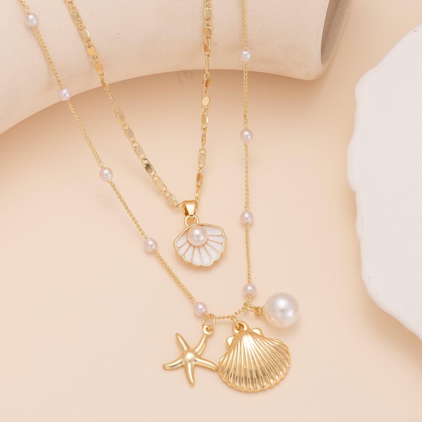 Shell Necklaces for Women 14k Gold Plated Layered Starfish Conch SeaShell Pearl Pendant Charm Necklace Adjustable Stainless Steel Chain Summer Beach Jewelry (Gold Shell)