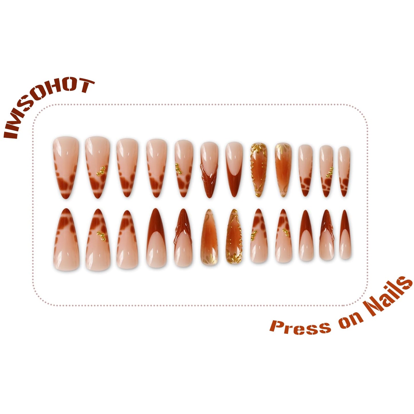 IMSOHOT Press on Nails Long Stiletto Fake Nails Brown Crocodile Print French Tips False Nails with 3D Chrome Gold Pattern Designs Glossy Acrylic Handmade Glue on Nails 24Pcs