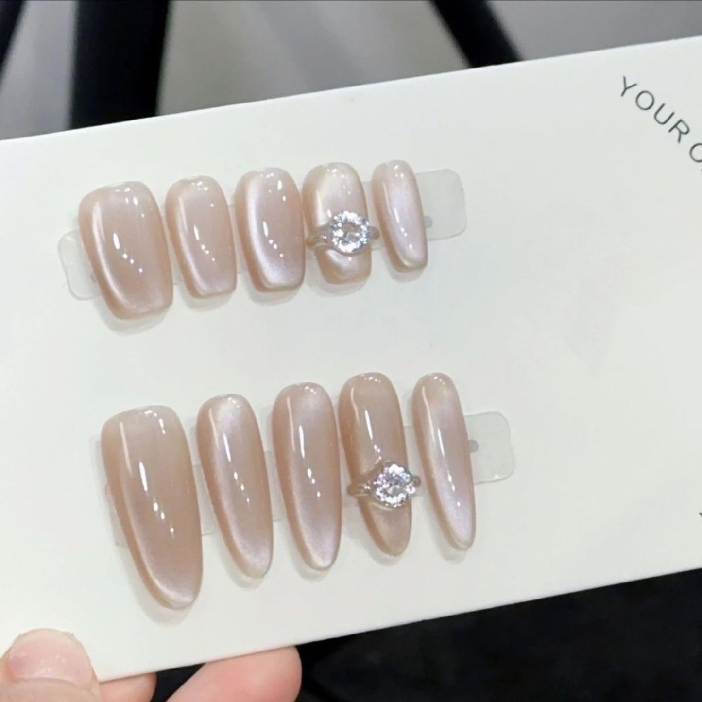 Gentle Claws Haute Press On Nails – Nude Pearl Sheen Almond Press On Nails with Mini Ring Detail | French-Inspired Gloss Finish | Medium Almond Reusable Luxury Fake Nails, 24 Pcs