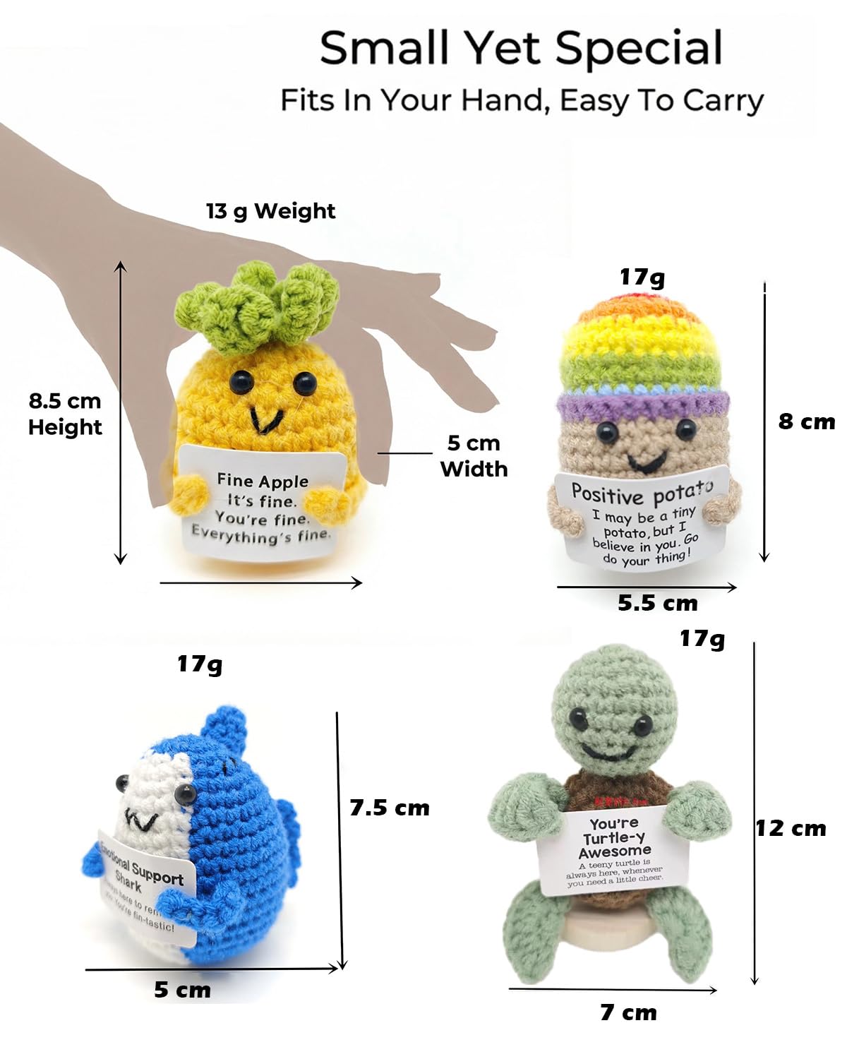 OAOAPLOS Positive Crochet Animals 4 Pcs Set: Handmade Emotional Support Crochet, Whimsical Crochet with Adorable Positive Potato - Meaningful Gift or Home Decor & Gift for her