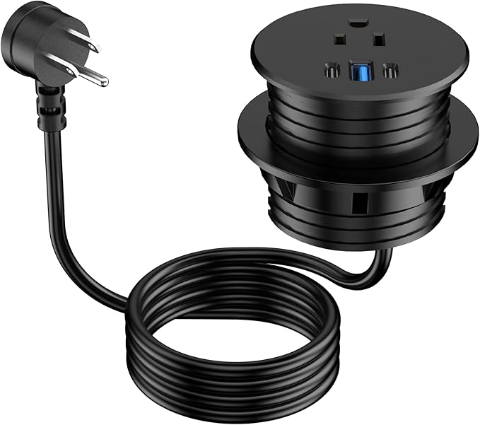 2.5 inch Power Grommet,20W USB-C Charging,1 Outlet with 2 USB C,1 USB Port,Furniture Flush Mount for Desktop,Recessed Power Strip,Workspace Essential Desk Outlet (Black, 10 FT)