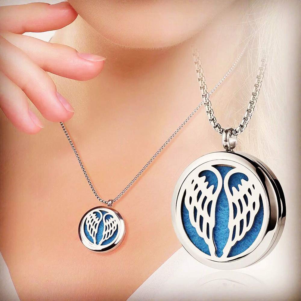 Aromatherapy Essential Oil Diffuser Necklace 316L Stainless Steel Locket Pendant with 24 Inch Chain (Angel Wings)
