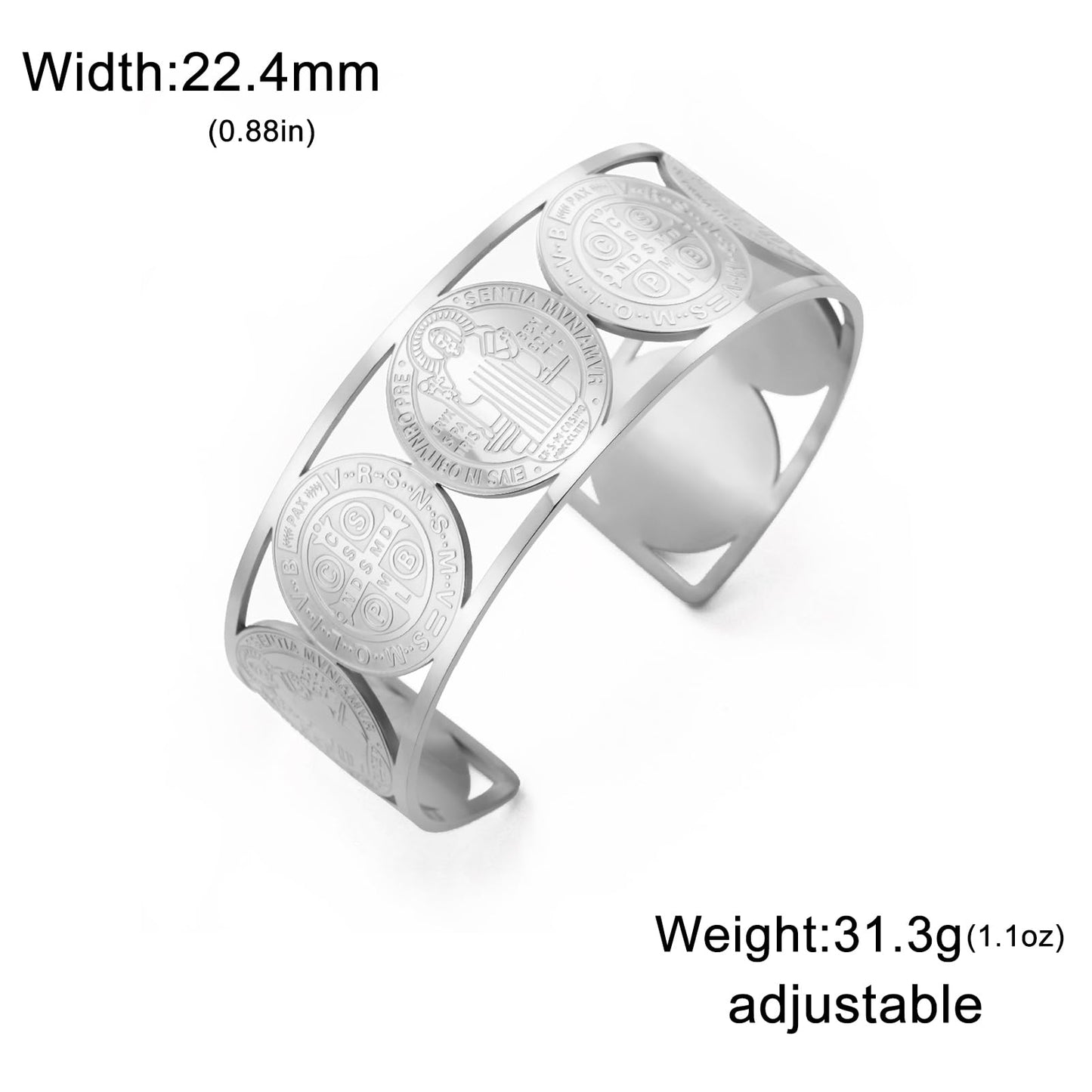 Amaxer Adjustable St. Benedict Open Cuff Bangle Bracelet for Women Men Stainless Steel Religious Jewelry 0.88in Wide (silver)