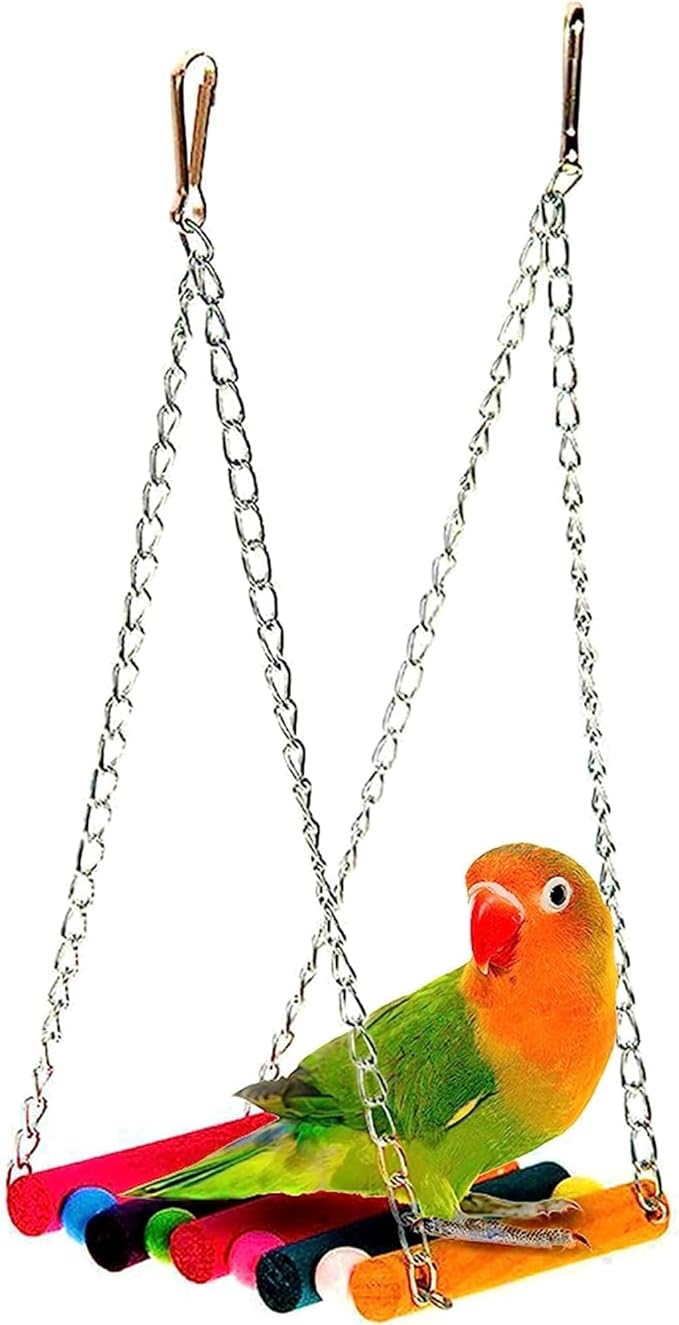 SunGrow Colorful Finch Swing Toy with Bells, Wooden Perch Stand for Canary, Lovebird & Budgie, 8.5x6 Inches, Sturdy Rocking Gym, Small Bird Cage Accessories to Balance, Exercise & Training