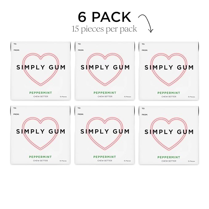 SIMPLY Gum Peppermint, Plastic-Free Natural Chewing Gum, Heart Box 6 Pack (90 Pieces) | Vegan, Kosher, Non GMO, Aspartame Free and Sorbitol Free