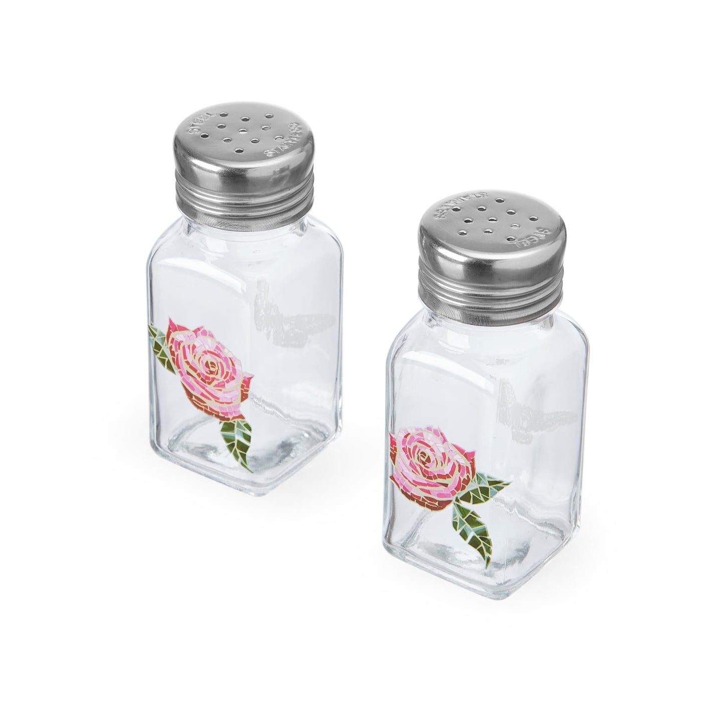 Dolly Parton Glass Salt and Pepper Shakers with Mosaic Rose Design, Easy to Fill, Set of 2, 3 Ounce