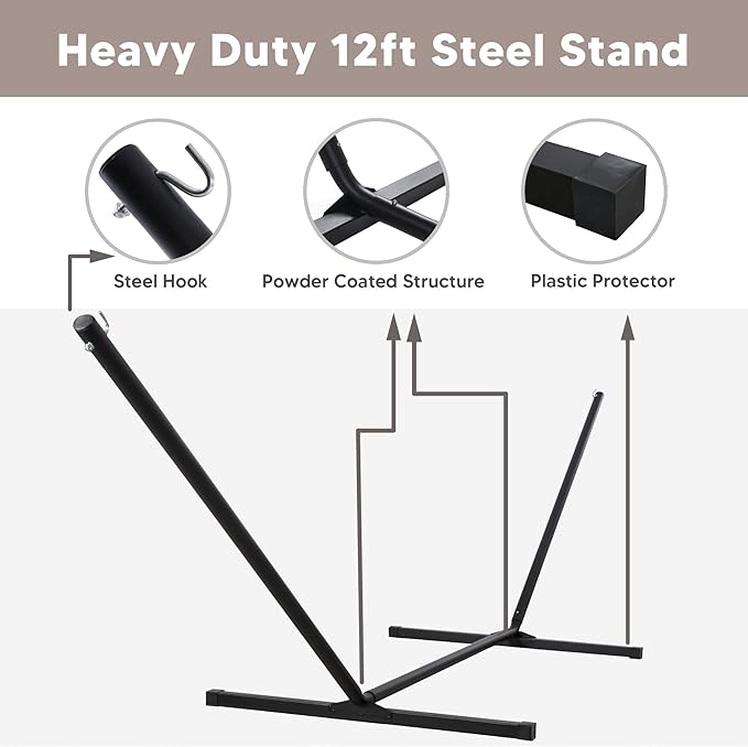 SUNCREAT Hammocks for Outside with Stand Included, Double Hammock with Curved Spreader Bar, Carrying Bag, Gray Stripes