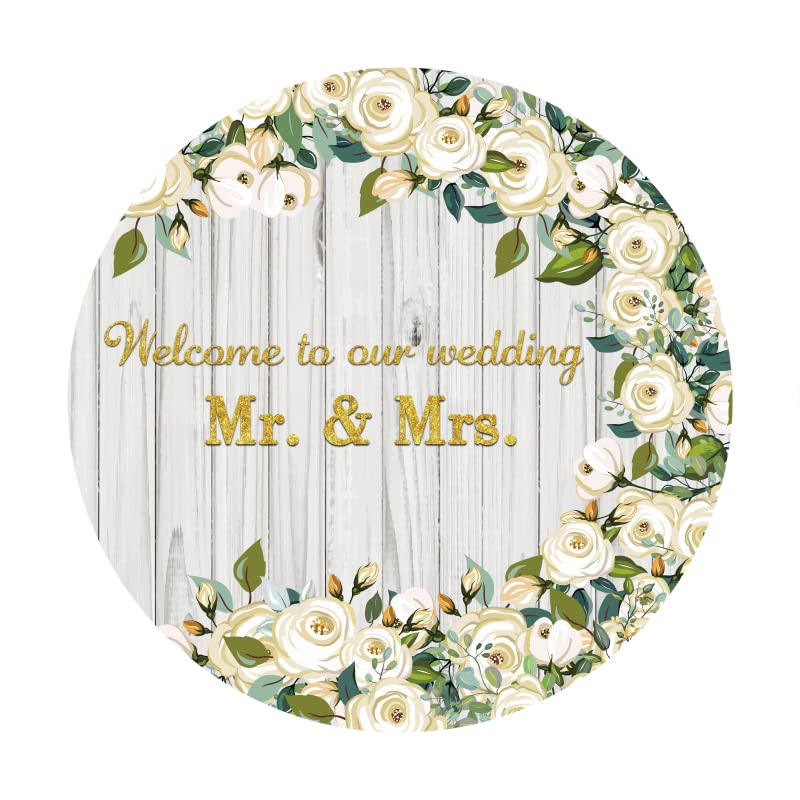 Yeele 6.5x6.5ft Mr & Mrs Wedding Round Backdrop Wooden Texture White Rose Floral Photography Background Bride and Groom Engaged Ceremony Anniversary Bridal Shower Party Supplies Photo Booth Props - size: 6.5x6.5ft-Diameter