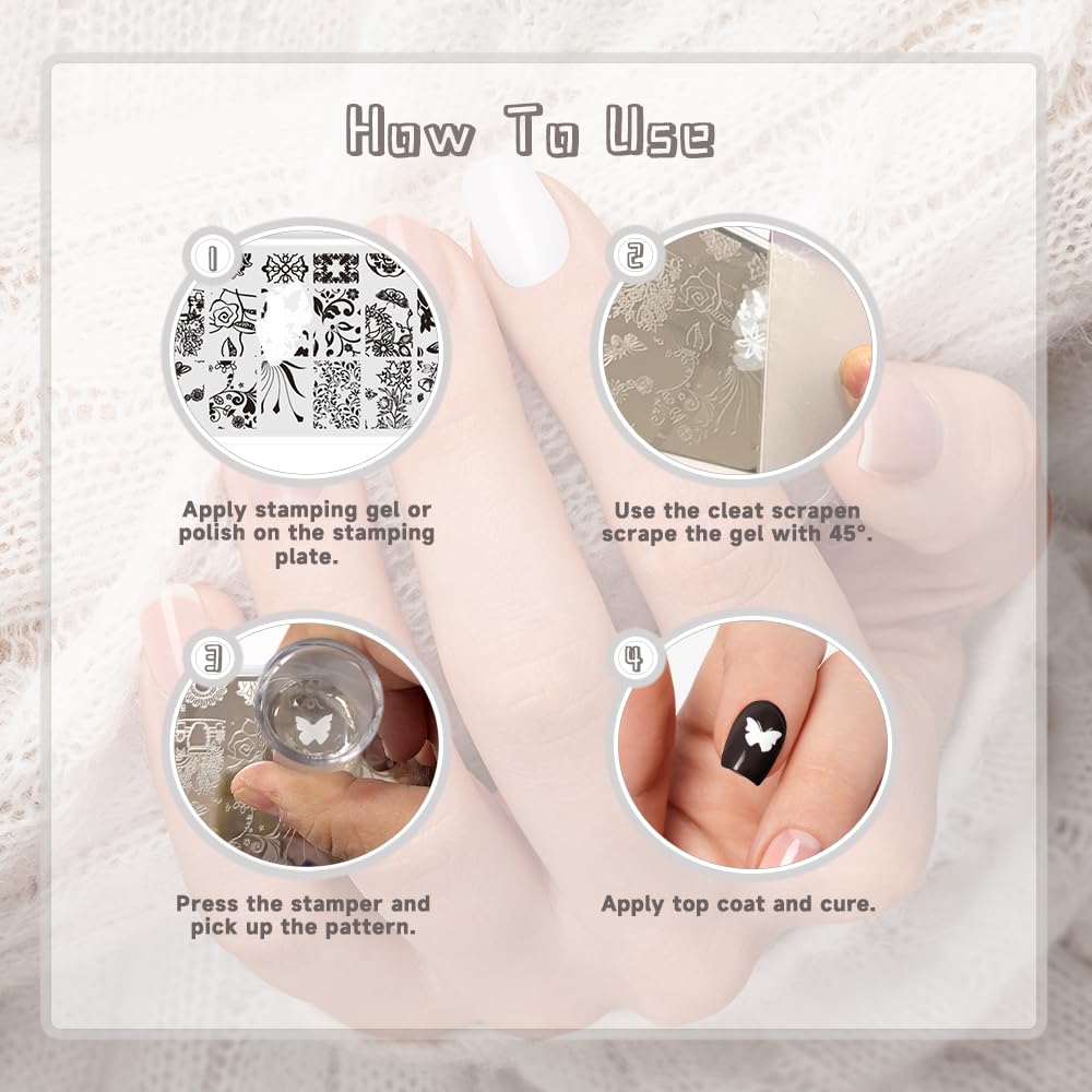 Beauty Leader 10PCS Nail Art Stamping Template Mix Design Image Plates With White Plastic Plate Holder+1 Pcs Square Rubber Stamper DIY Nail Art Image Stamp Plate