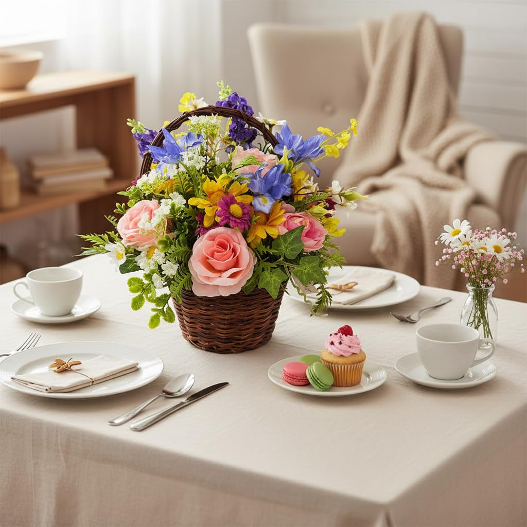 Lnymura Pre-lit Spring Summer Rose Flower Basket with Timer 13 Inch Rustic Floral Arrangement Table Centerpiece with Wildflower, Roses, Daisies and 10 Warm White LEDs for Home Kitchen Decor