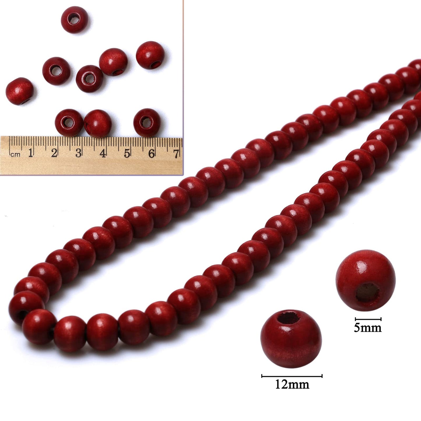 300pcs 12mm Red Wood Macrame Beads for Handmade Crafts, Large Hole Wooden Loose Spacer Beads for Macrame Projects Holiday Party Decor, 5mm Hole