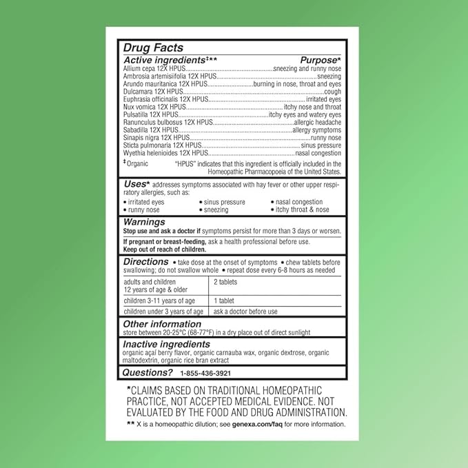 Genexa Allergy Care | Drug Free, Non-Drowsy Allergy Relief & Decongestant for Adults| Acai Berry Flavor | Organic & Non-GMO | Homeopathic Remedy Made Clean | 60 Chewable Tablets