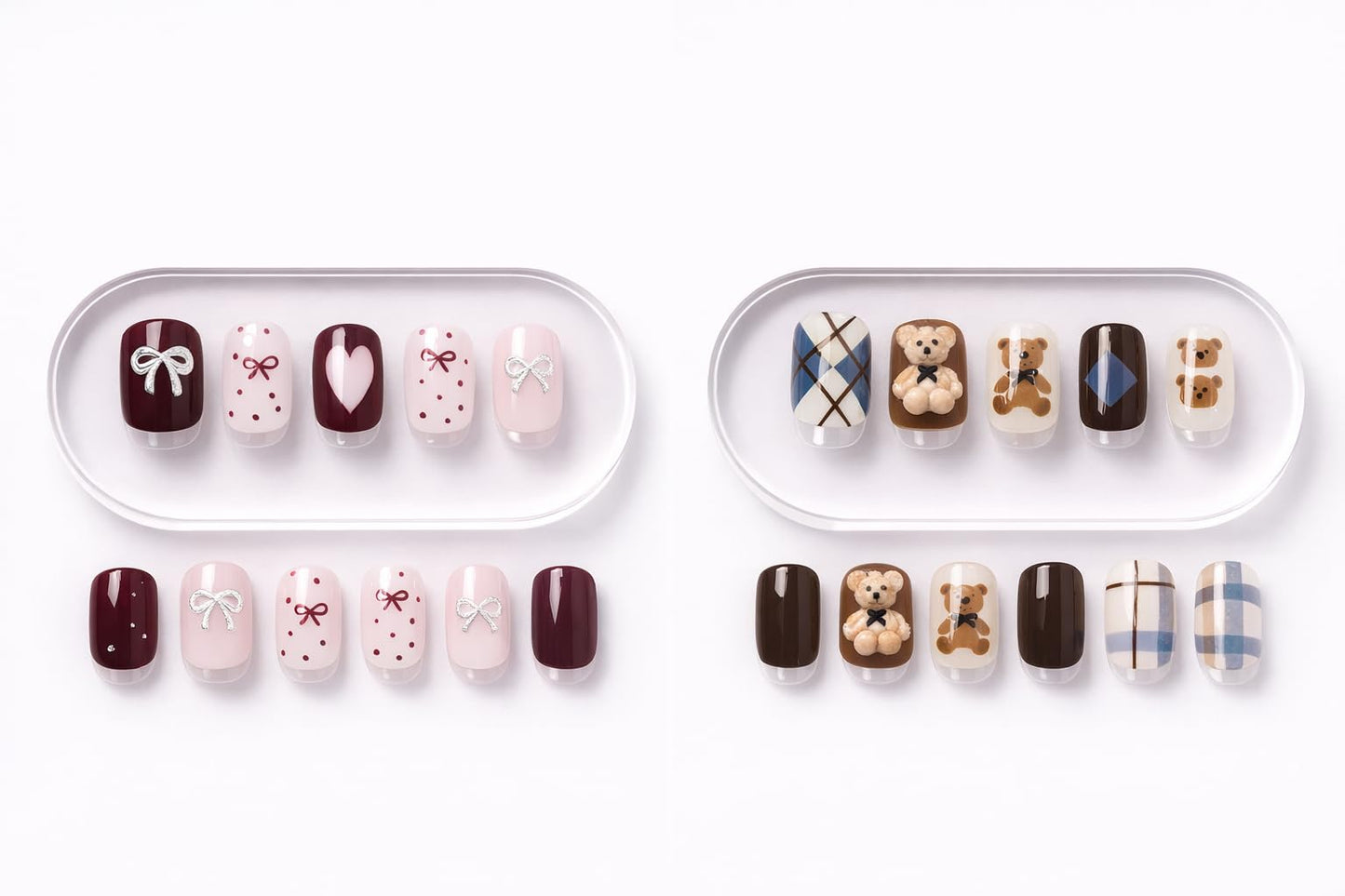 Cute Korean Press On Nails – Teddy Bear & Ribbon Heart Designs, Short Square Glossy Fake Nails, Reusable Stick-On Manicure Set (32 Tips / 2 Designs)