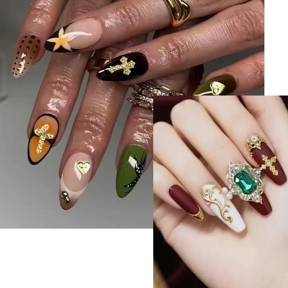 TmoGllp 56Pcs 3D Gold Cross Nail Charms Set, Emerald Green Rhinestones & Flat-Back Pearls for Y2K Nail Art Design