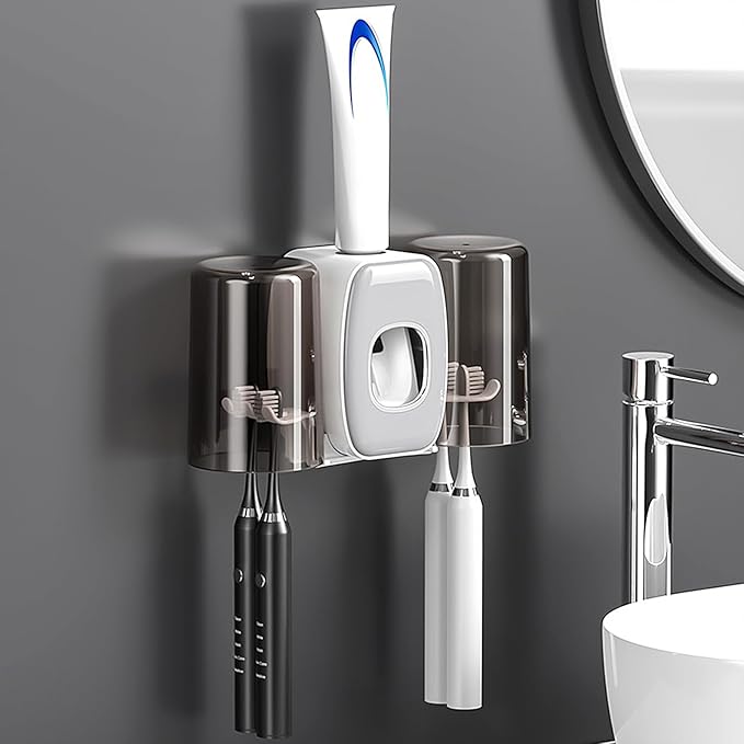 4 Slots Wall Mount Toothbrush Holder with Cover, Self Adhesive Toothbrush Storage Organizer for Shower, Toothbrush Hanger with 2 mouthwash Cups for Bathroom, Medicine Cabinet, Dorm (White)