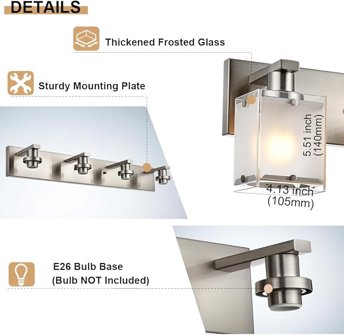 WINSHEN 2-Lights Wall Sconce Lighting, Brushed Nickel Bathroom Vanity Light Fixture with Rectangular Frosted Glass for Over Mirror, E26 Bulb Base