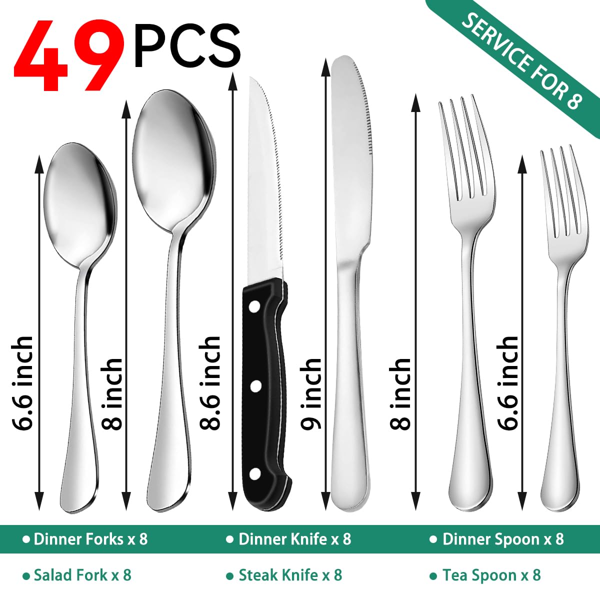 49-Piece Stainless Steel Silverware Set with Cutlery Organizer, Service for 8 with Steak Knives and Kitchen Utensils
